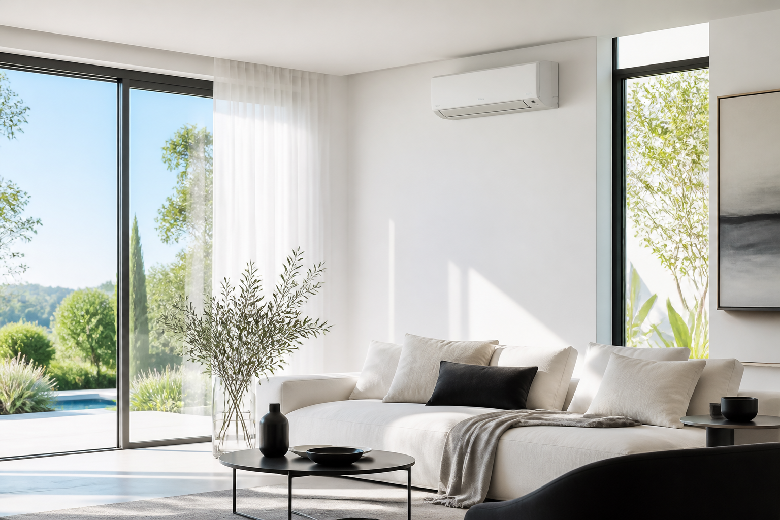 Pièce de vie fraîche avec climatisation murale