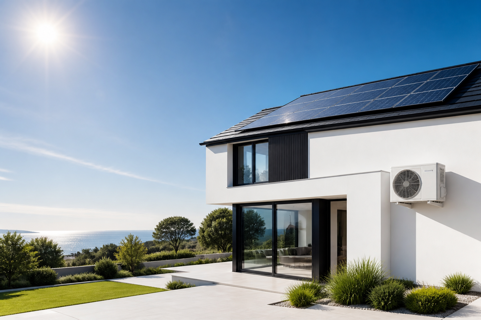 Maison lumineuse avec panneaux solaires et climatisation